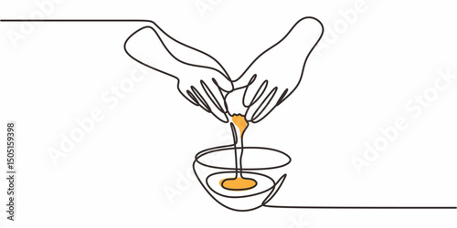 Hand pouring egg one line. Cooking process vector. Baking illustration.