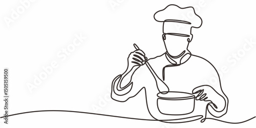 Cook preparing meal one line. Restaurant vector. Culinary illustration.