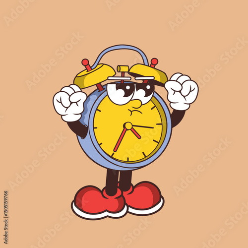 Retro character design of angry alarm clock
