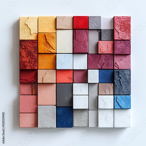 Textured Square Blocks Arrayed in Colorful Mosaic, Abstract Art Arrangement on White Surface