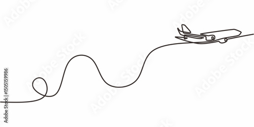Airplane Flying Trail One Line Art, Travel Adventure Journey
