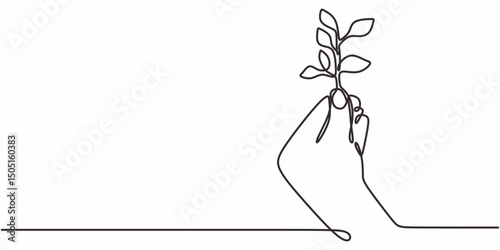 Hand holding plant continuous line. Nature growth vector. Minimalist art. Eco concept.