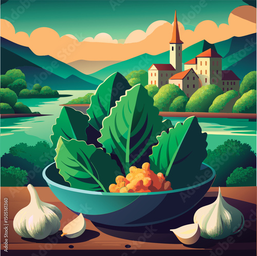 Fresh greens and vegetables in a scenic bowl.