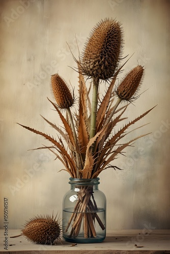 Rustic still life featuring dried teasel in a vase