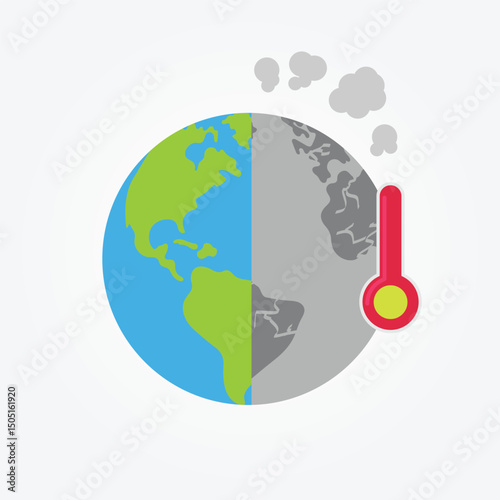 Earth with thermometer and smoke, showing contrast of healthy and polluted environment.