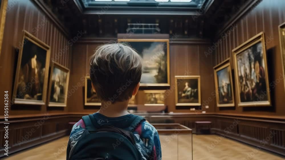 Back portrait of a kid looking at museum paintings in an old museum art gallery 