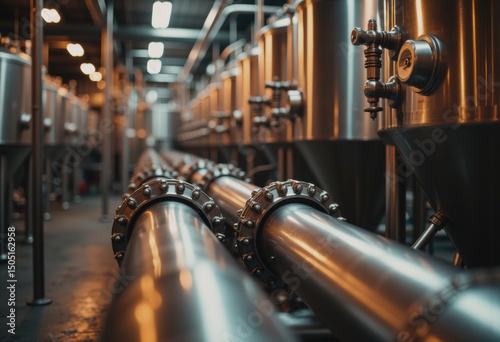 Gleaming stainless pasteurizer pipes in a dairy plant corridor