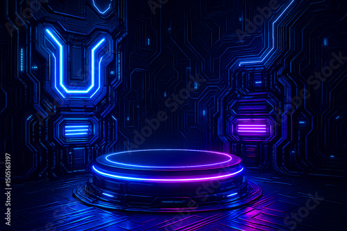 Futuristic Neon Podium in Cyberpunk Tech Environment – High-Detail 3D Render