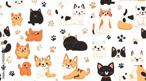 Playful repeating design of cartoon dogs and cats of all breeds frolicking together, white border and bold black outlines, soft flat color palette, scattered decorative paw prints,