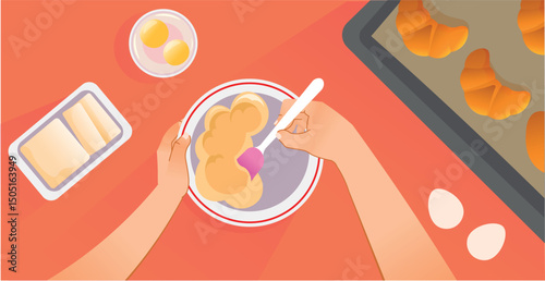 The process of making croissants in the kitchen. A bakery advertisement and illustration for a pastry workshop.