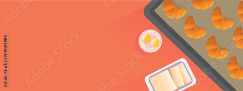 Background with freshly baked croissants and ingredients for them. Baking preparation view from the top with space for text. Home cooking.