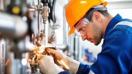 Installation of utility lines by a specialist wearing a safety helmet at an industrial facility
