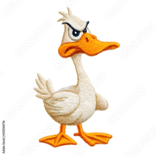 An angry cartoon duck with white feathers and an orange beak standing on a black background looking annoyed