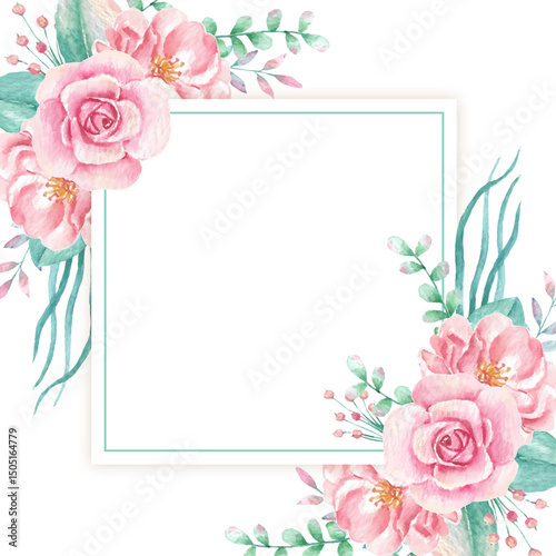 Elegant Watercolor Pink Rose Floral Frame Wedding Invitation Design Greeting Card Template