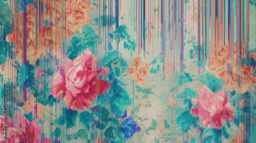 Background featuring classic 1940s floral wallpaper pattern overlaid with translucent digital noise 