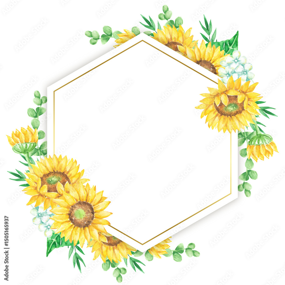 Obraz premium Watercolor Sunflower and Greenery Hexagon Frame Floral Border Blank Space Invitation Design