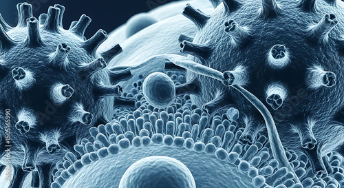 Microscopic World: Detailed Virus Structure in Blue Tones