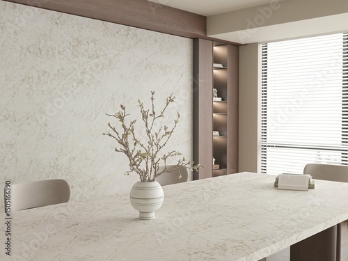 Fotografie Cozy loft with dinning table made with white and warm tones marble tabletop and wall behind, six chairs and wooden bamboo wall