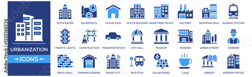 Urbanization and Architecture icon set. Containing design Skyscraper, City Skyline, Blueprints, House Icon, Office Building. Solid icon collection.