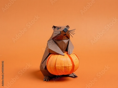  A whimsical origami groundhog perched against a vibrant pumpkin backdrop photo