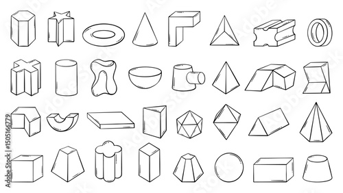Doodle 3d geometry elements. Sketch geometric shapes, pyramid cube ball cylinder polyhedron. School lesson educational materials, neoteric vector clipart