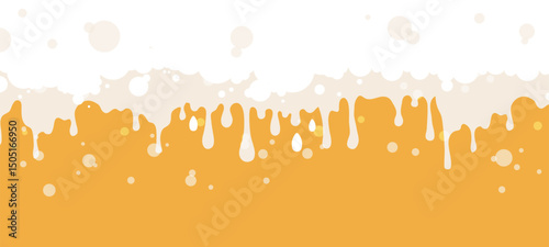 Beer foam background. Cartoon yellow drink and white bubbles, liquid drops and smudges. Banner for drinking ad, bar, cafe menu design vector element