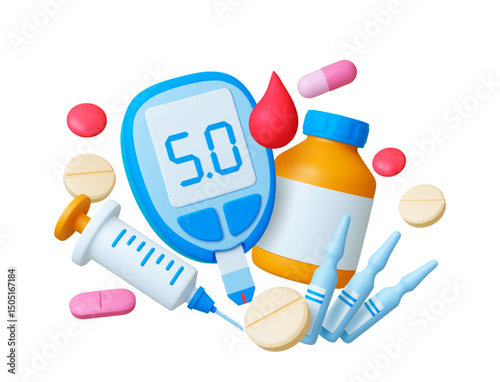 Diabetes 3d concept. Pills syringe glucometer, blood drop and ampoules with medicine. Realistic elements for hospital, healthcare, pharmacy, vector set
