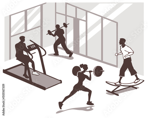 Gym workout fitness training exercise people weightlifting treadmill balance board cardio strength training