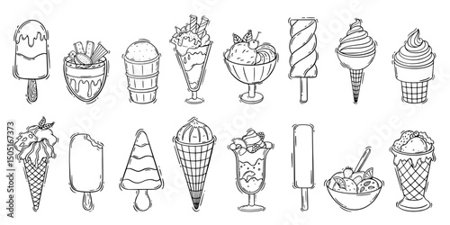 Hand drawn ice cream. Sweet creamy balls in waffles cones and glass. Cold desserts with nuts, chocolate and fruits. Cafeteria menu elements, neoteric vector set