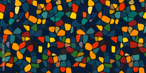 Abstract mosaic, a seamless design. A vector background. Perfect for creating a backdrop. Ceramic tile fragments. Colorful broken tiles, a mosaic of yellow, blue, and red.