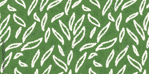 Abstract seamless pattern featuring hand-drawn elongated shapes on a green background. Plain contemporary print. Designs for textile design, wrapping paper, and modern projects