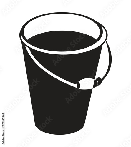 Bucket with a handle and open top, filled with liquid
