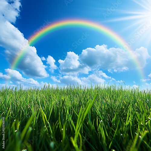 Vibrant Green Grass Field Under a Blue Sky with Rainbow, Sun, and White Clouds