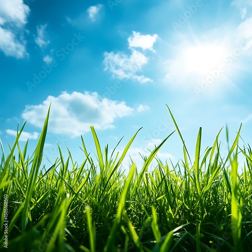 Vibrant Green Grass Reaching for Bright Blue Sky and Sunny Atmosphere Landscape