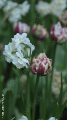 Beautiful garden blooms featuring white and pink flowers in springtime