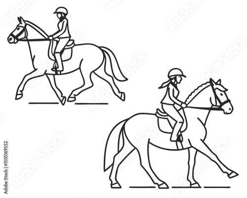 Horseback riding equestrian sport dressage outline drawing of horses and riders in motion for graphic design use