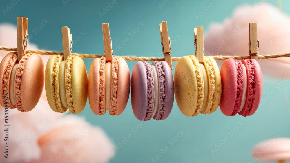 Row of macarons hanging on a clothesline. The macarons are of different colors and flavors, and they are hanging in the air. Concept of freshness and lightness