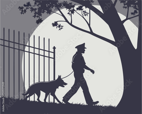 Security guard walking dog at night silhouette vector illustration security service and patrol vector art