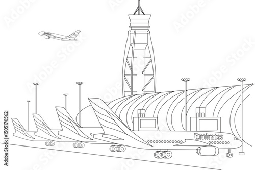 Dubai International Airport Scene Line Art, Minimalist black and white line drawing illustration depicting a bustling scene at Dubai International Airport. Features a control tower, terminal 