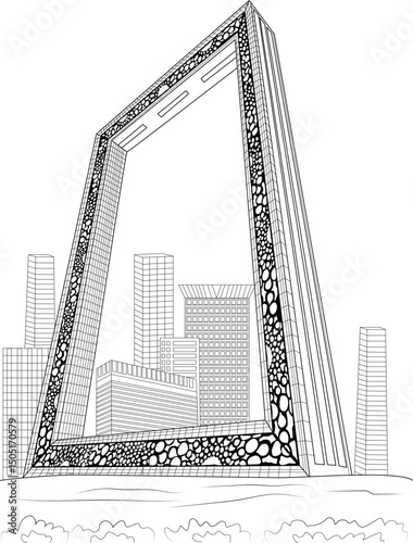 Dubai Frame Line Art Illustration, Black and white line art illustration depicting the iconic Dubai Frame landmark against a backdrop of modern cityscape buildings. 