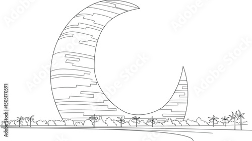 Crescent Moon Tower Dubai Line Art, Simple black and white line drawing illustration of the iconic Crescent Moon Tower, a unique architectural design in Dubai, United Arab Emirates, with stylized 