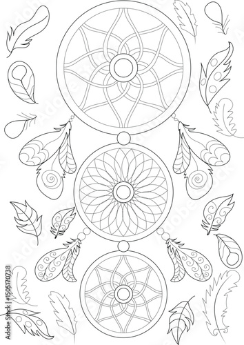 Dreamcatcher Line Art Illustration, Black and white outline drawing of a dreamcatcher with multiple hoops and decorative feathers. Ideal for coloring pages, spiritual themes, bohemian designs, or 