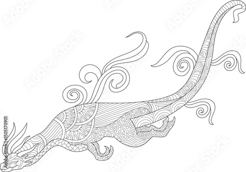 Detailed Dragon Line Art for Coloring, A black and white line art illustration of a mythical dragon adorned with intricate zentangle and doodle patterns, perfect for coloring and relaxation. 