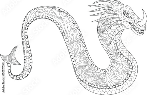 Intricate Line Art Dragon Illustration, Detailed black and white line art drawing of a mythical dragon or sea serpent adorned with elaborate patterns, ideal for coloring books, fantasy themes, or 