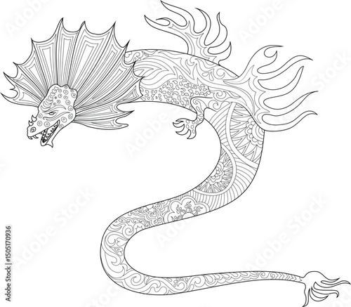 Intricate Detailed Fantasy Dragon Line Art Illustration, Detailed black and white line drawing of a mythical dragon featuring elaborate patterns and design elements throughout its body. Ideal as a 