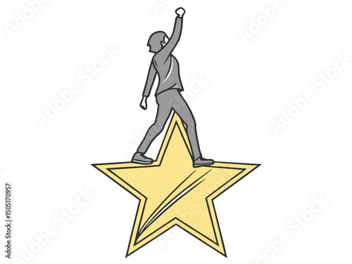 Achievement star success concept with business woman standing on gold star and raising hand in victory pose
