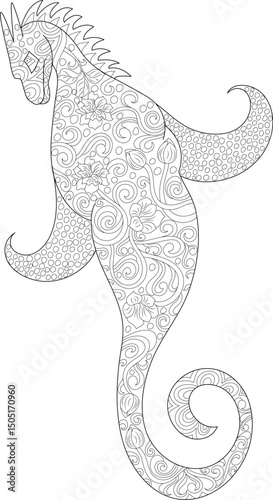 Stylized Sea Dragon Illustration for Coloring Book, Line art illustration of a stylized creature resembling a seahorse or sea dragon, filled with intricate patterns, swirls, floral elements, and 
