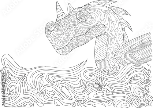 Intricate Dragon Head Emerging from Waves Line Art, Detailed black and white line art illustration of a mythical dragon head with ornate patterns, rising from stylized abstract waves. Designed in a 