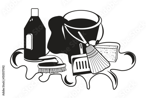 Cleaning tools including bucket, broom, brush, sponge, and cleaner bottle
