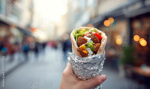 A hand holds a delicious falafel wrap with vegetables and sauce, wrapped in foil, on a busy city street.
